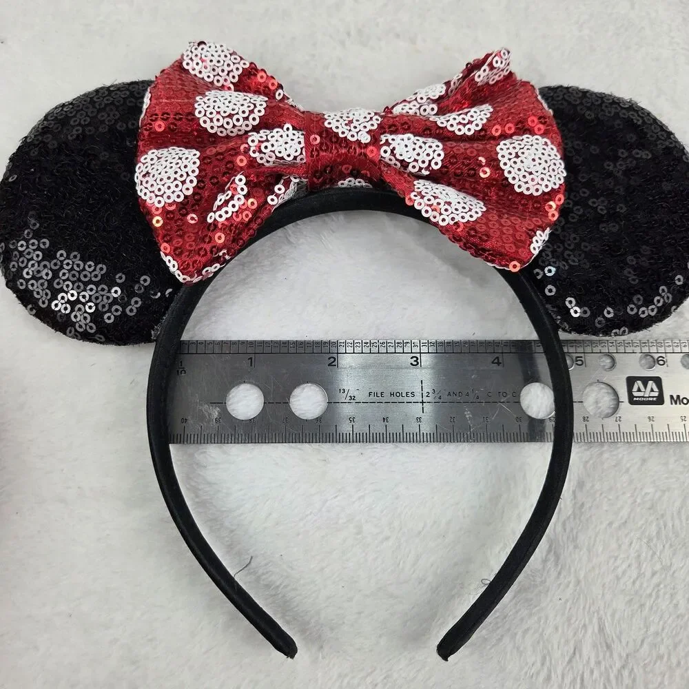 Sequined Minnie Mouse Ears Headband Set Red Bow And Orange Bat Disney
